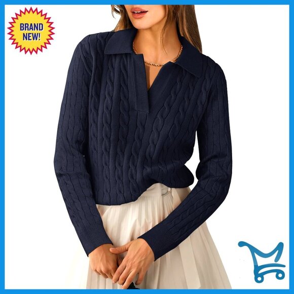 Sweaters - Cable Knit V Neck Pullover Sweater Casual Polo Top Long Sleeve Fall Fashion